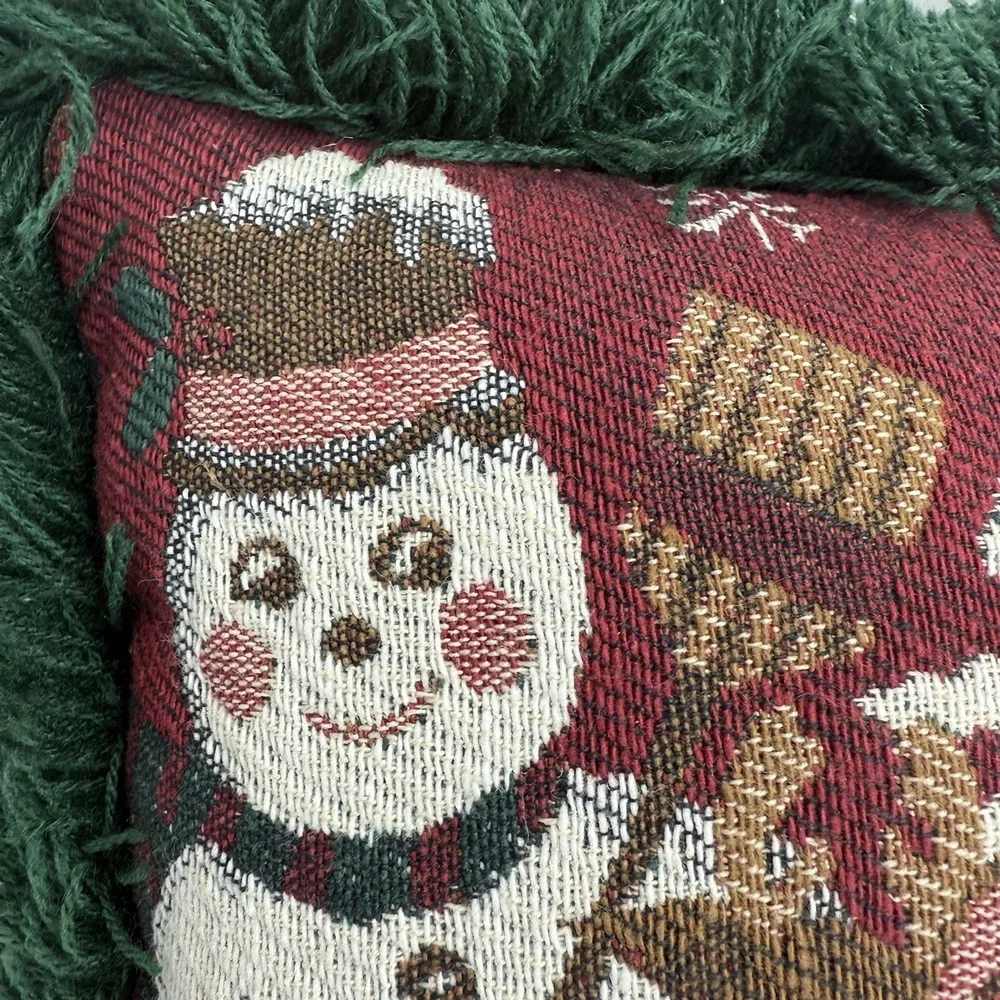Riverdale Tapestry Throw‎ Pillow Snowman Reindeer Christmas Fringe  7x6
